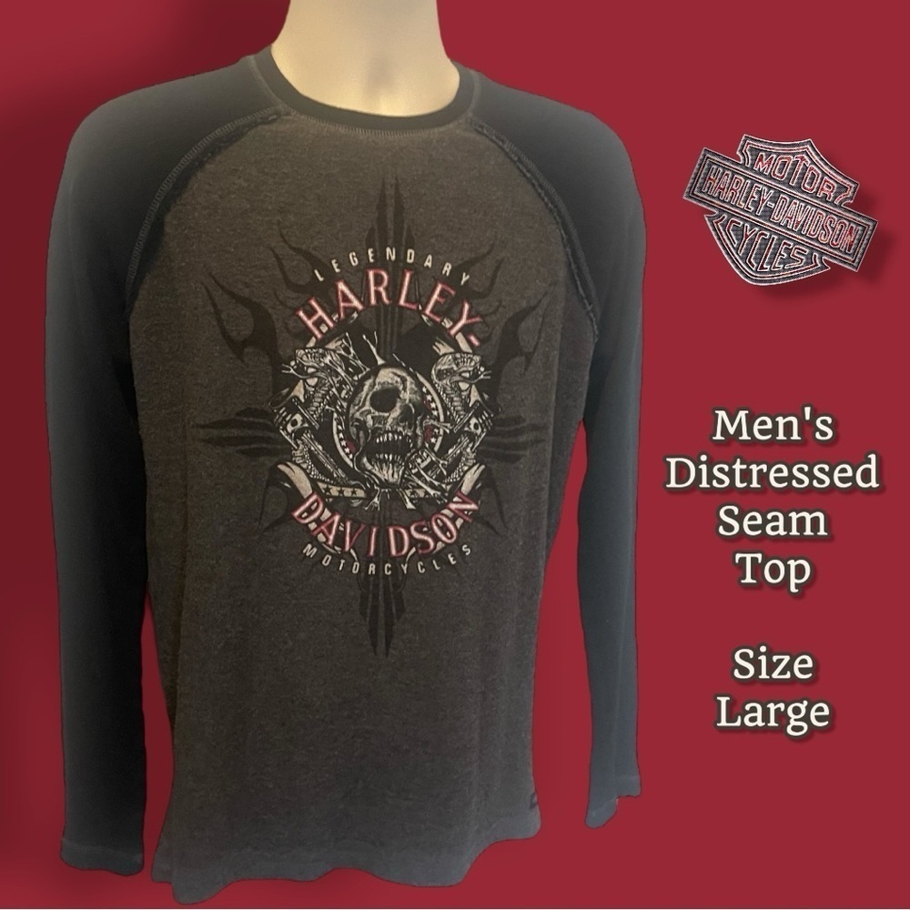 Harley Davidson Men's Distressed Seam Two Tone Skull Top Size Large